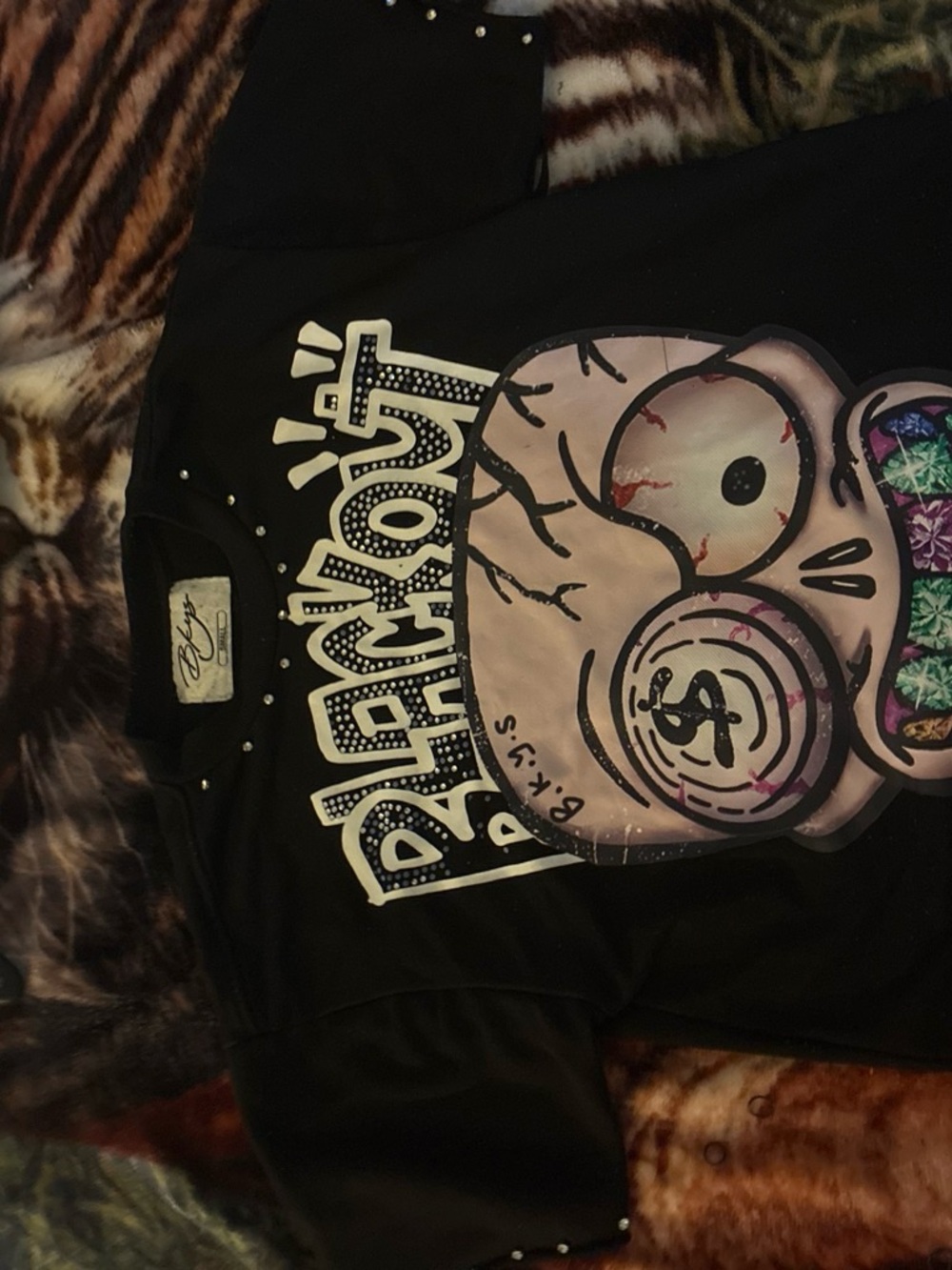 Black graphic tee with rhinestone stone boxy